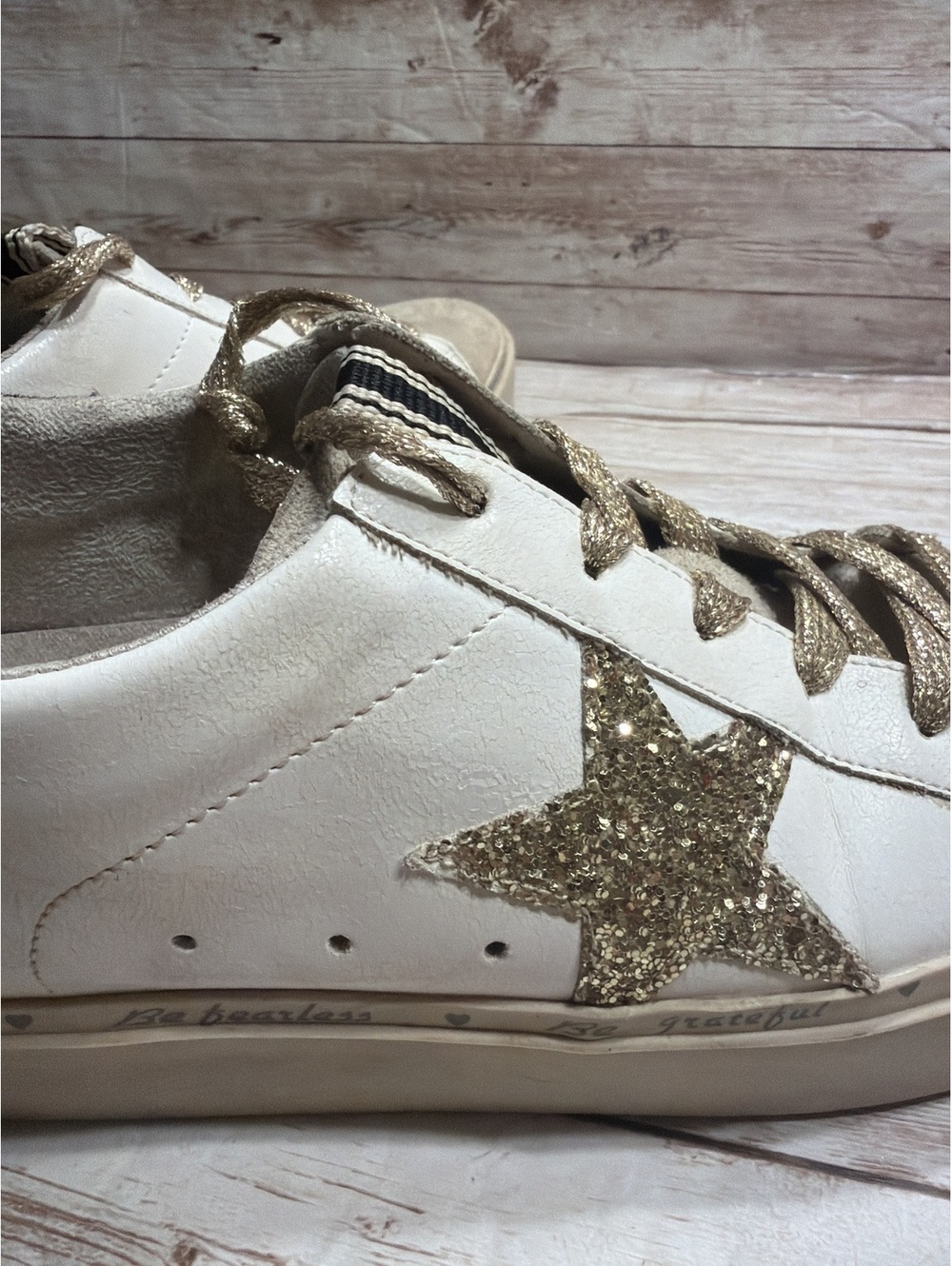 ShuShop Reba Size 8.5 White Leather Sneakers Cheetah Heel Gold Stars - Picture 7 of 13